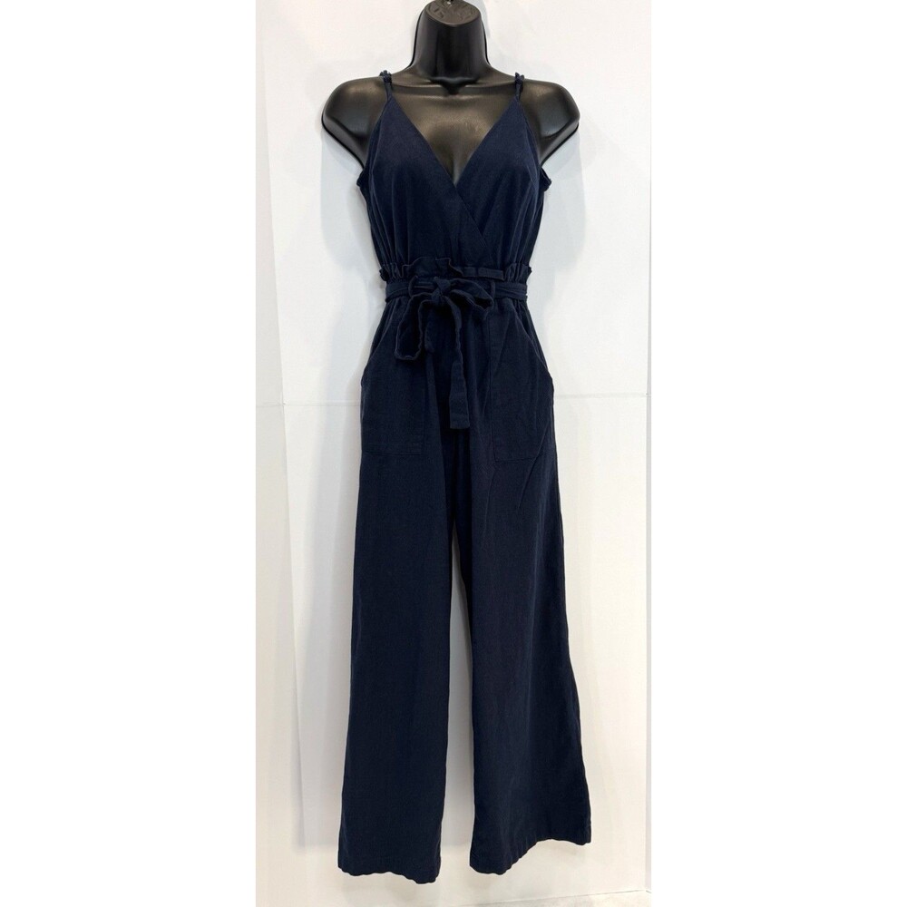Monteau Women's XS Navy Blue Sleeveless Wide Leg Jumpsuit Tie Waist V-Neck